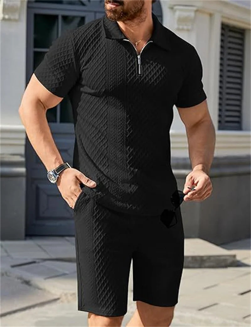 Jacquard Half Zip Short Sleeve Polo Shirt+Shorts 2 PCS Sets