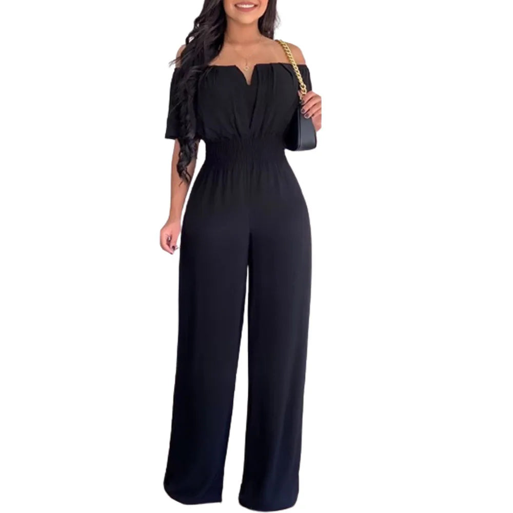 Lady Print High Waist Jumpsuit Sexy Off Shoulder Short Sleeve Wide Leg Pants