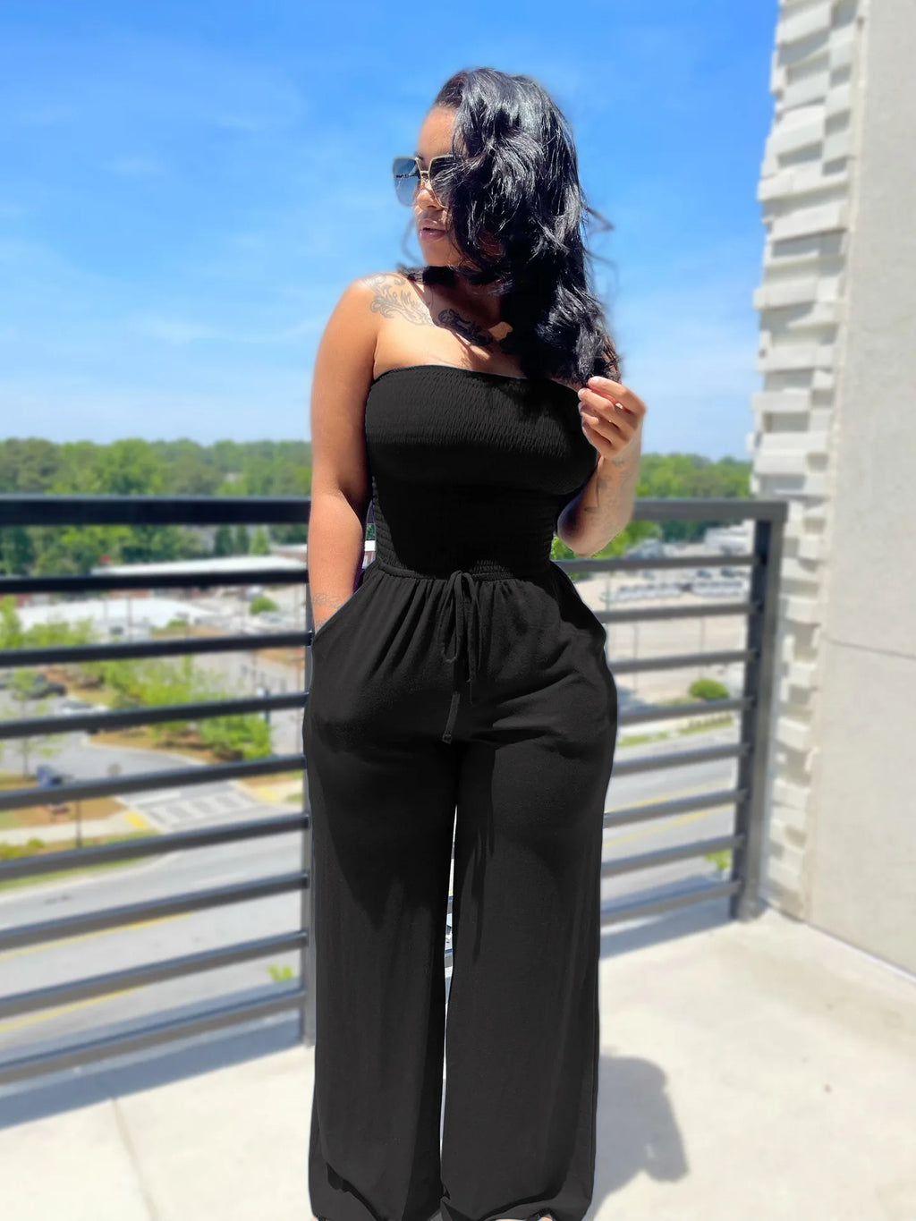Strapless Straight Jumpsuits Lace Up Wide Leg
