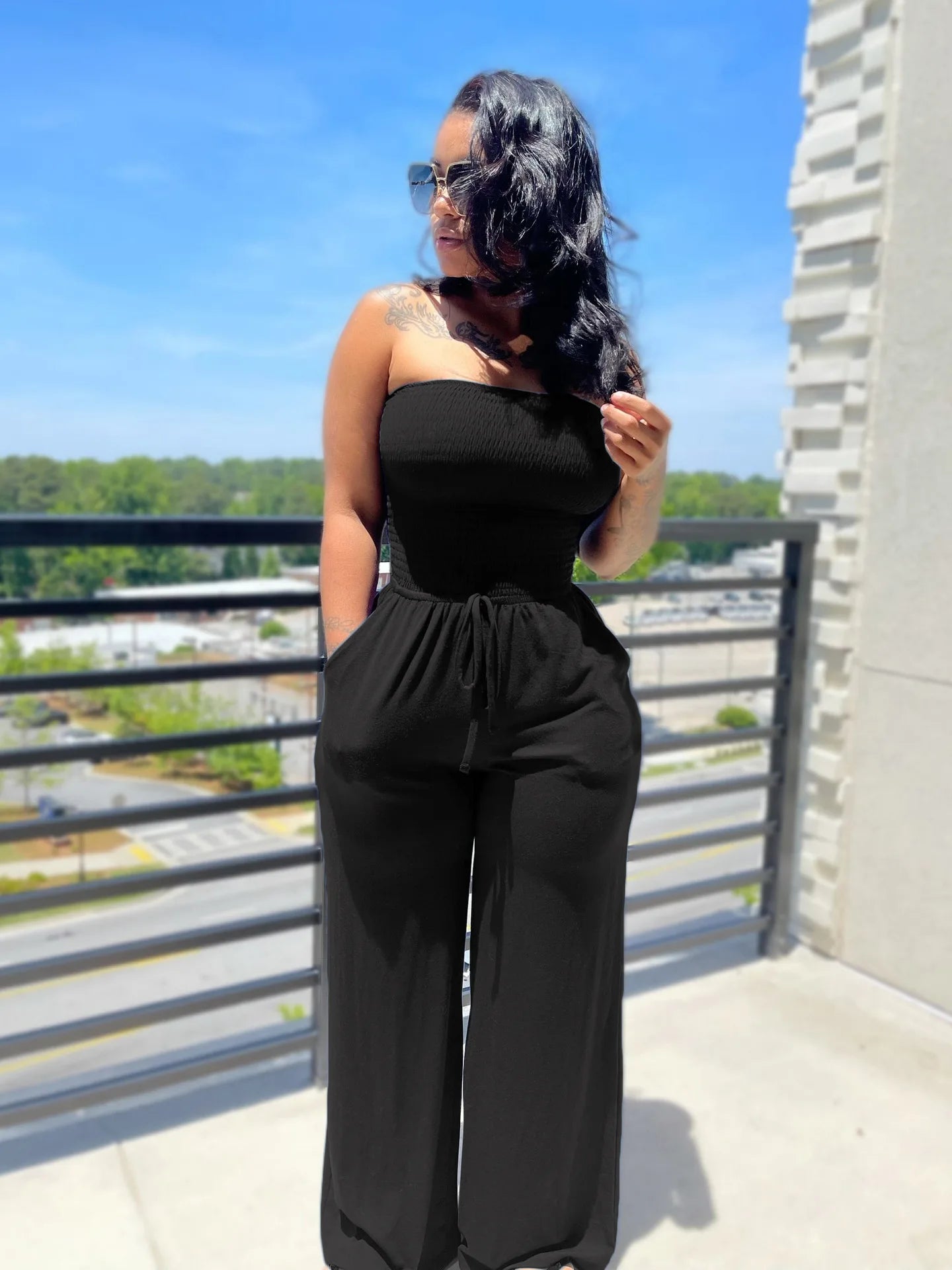 Strapless Straight Jumpsuits Lace Up Wide Leg