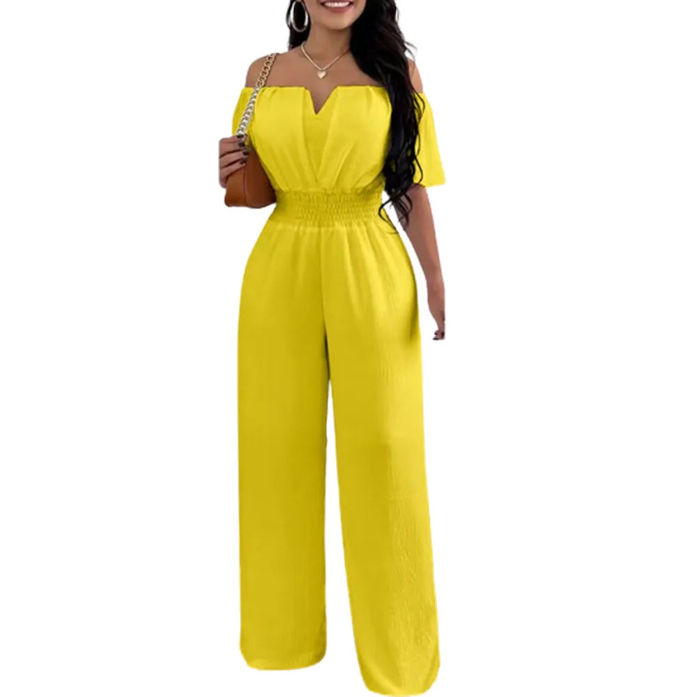 Lady Print High Waist Jumpsuit Sexy Off Shoulder Short Sleeve Wide Leg Pants