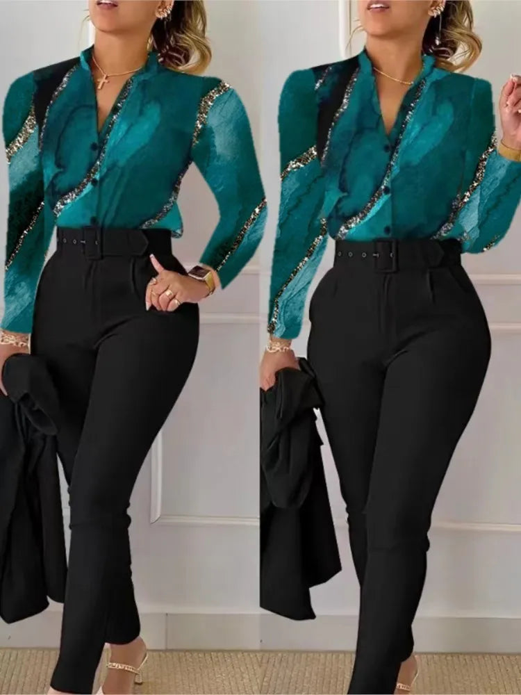 Women's Shirt 2 Pieces Suit Set Fall Print V Neck Long Sleeve Top Casual High Waist Pockets Work Female Clothes Pants Set