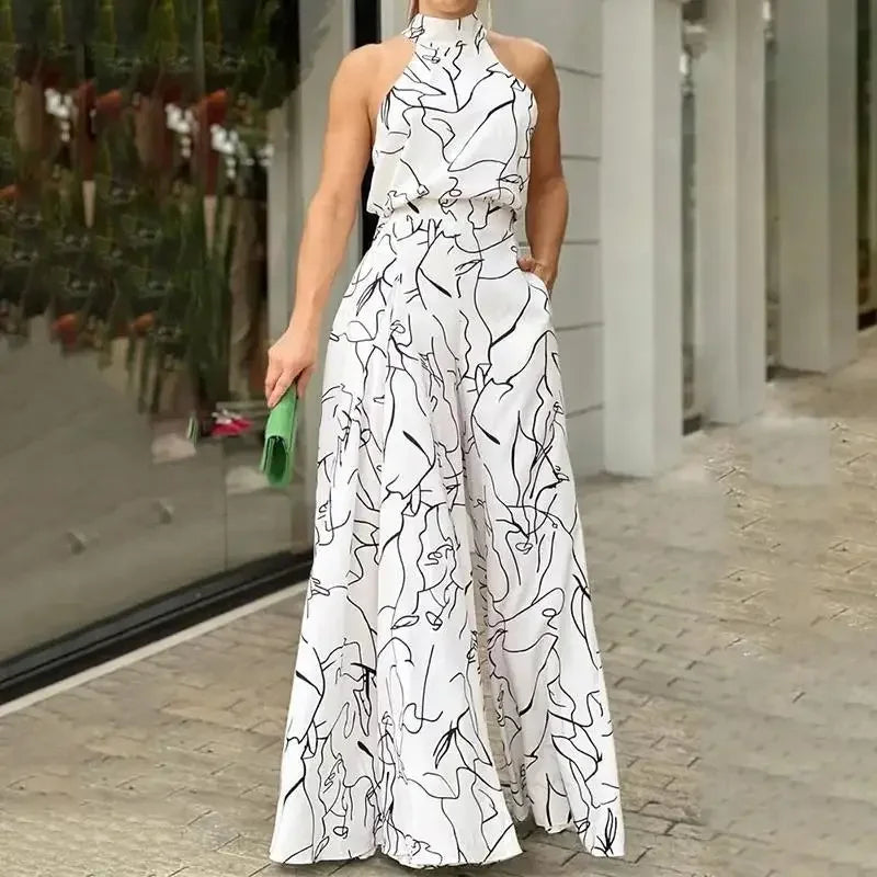 Women's Elegant Jumpsuits Wide Leg Long Pant Summer Sexy Sleeveless Jumpsuit Women Casual Print Macaque Feminine Clothes