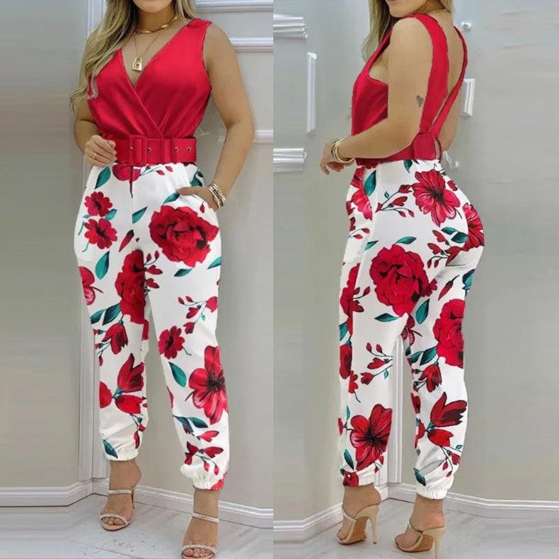New Casual Women's Pants Women's V-neck Open Back Printed High Waist Jumpsuit Women (including Belt)