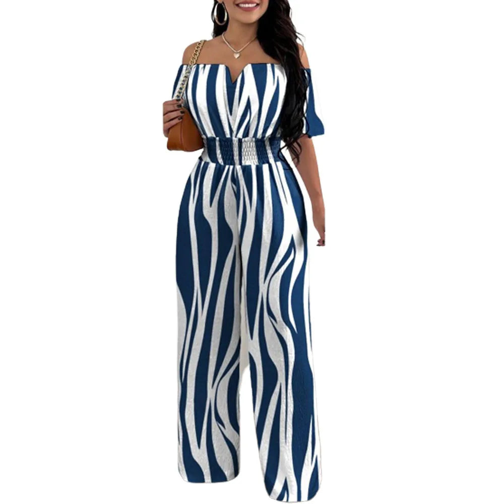 Lady Print High Waist Jumpsuit Sexy Off Shoulder Short Sleeve Wide Leg Pants