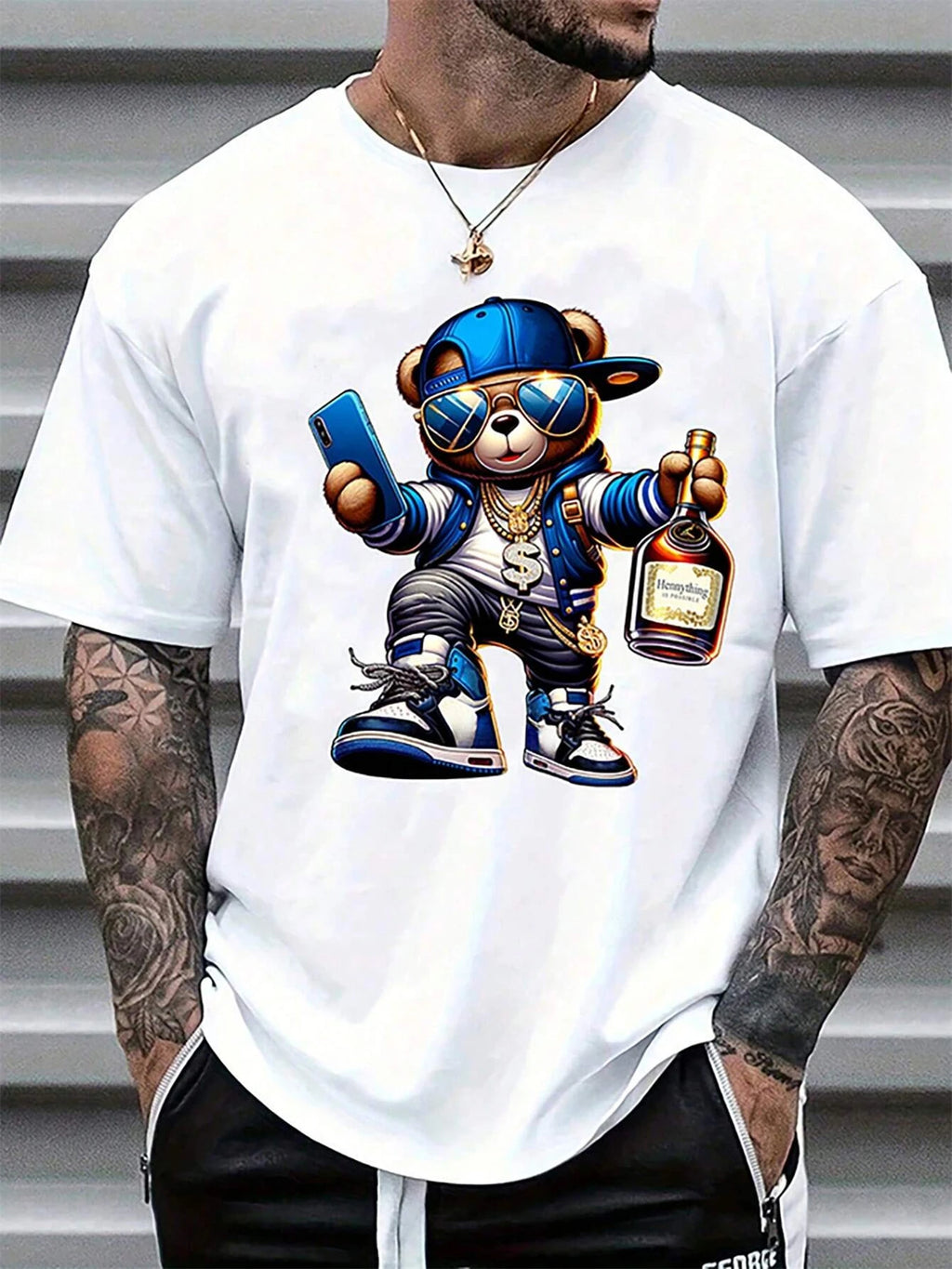 Men's Summer 100% Cotton Fashionable Casual Loose Large Size Cartoon Bear Printed Sports Round Neck Short Sleeve T-shirt Top