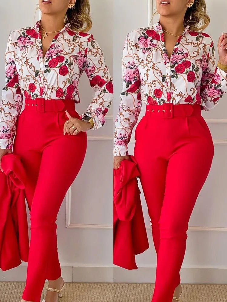 Women's Shirt 2 Pieces Suit Set Fall Print V Neck Long Sleeve Top Casual High Waist Pockets Work Female Clothes Pants Set