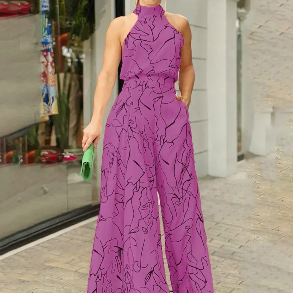 Women's Elegant Jumpsuits Wide Leg Long Pant Summer Sexy Sleeveless Jumpsuit Women Casual Print Macaque Feminine Clothes