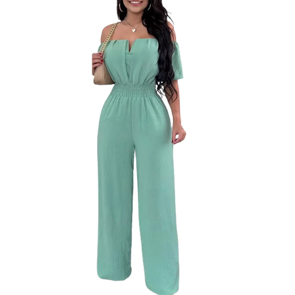Lady Print High Waist Jumpsuit Sexy Off Shoulder Short Sleeve Wide Leg Pants
