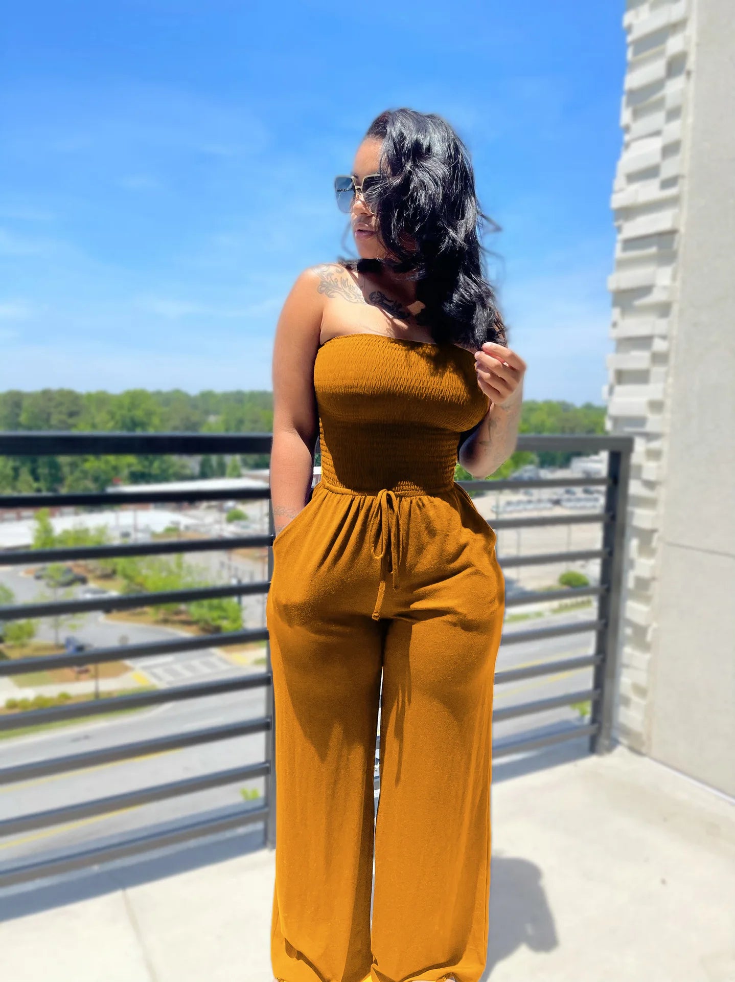 Strapless Straight Jumpsuits Lace Up Wide Leg