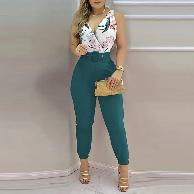 New Casual Women's Pants Women's V-neck Open Back Printed High Waist Jumpsuit Women (including Belt)