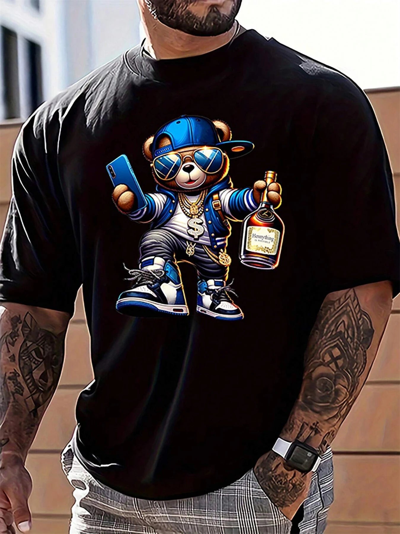 Men's Summer 100% Cotton Fashionable Casual Loose Large Size Cartoon Bear Printed Sports Round Neck Short Sleeve T-shirt Top