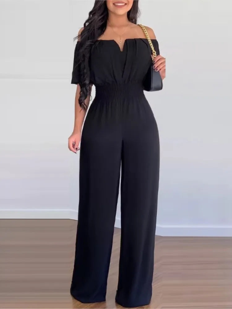 Lady Print High Waist Jumpsuit Sexy Off Shoulder Short Sleeve Wide Leg Pants