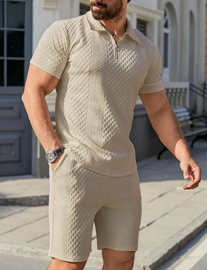 Jacquard Half Zip Short Sleeve Polo Shirt+Shorts 2 PCS Sets