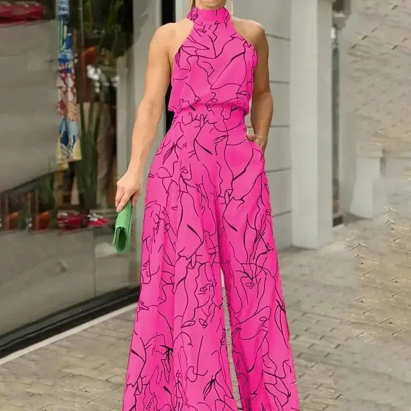 Women's Elegant Jumpsuits Wide Leg Long Pant Summer Sexy Sleeveless Jumpsuit Women Casual Print Macaque Feminine Clothes