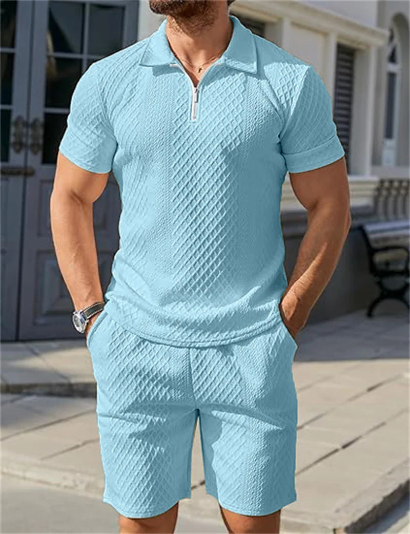 Jacquard Half Zip Short Sleeve Polo Shirt+Shorts 2 PCS Sets