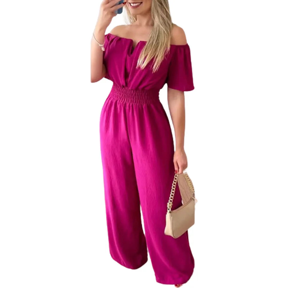 Lady Print High Waist Jumpsuit Sexy Off Shoulder Short Sleeve Wide Leg Pants