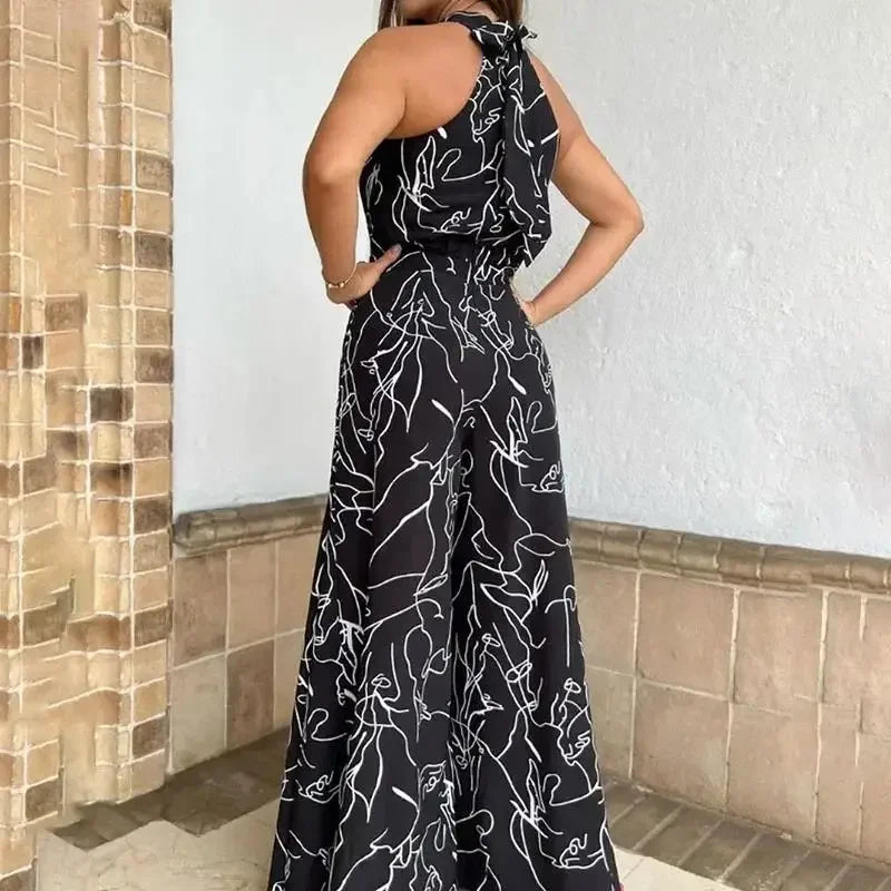 Women's Elegant Jumpsuits Wide Leg Long Pant Summer Sexy Sleeveless Jumpsuit Women Casual Print Macaque Feminine Clothes