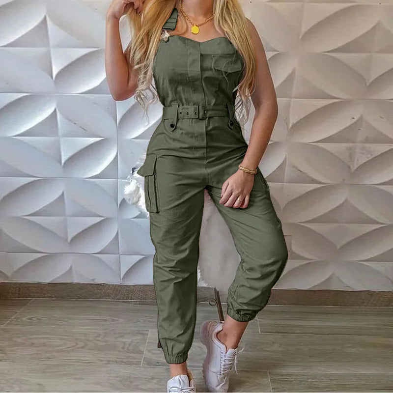 Autumn Women's Clothing Bodysuit Jumpsuit Simple Zipper Cargo High Waisted Conjoined Body Pants Sleeveless Strap Trousers