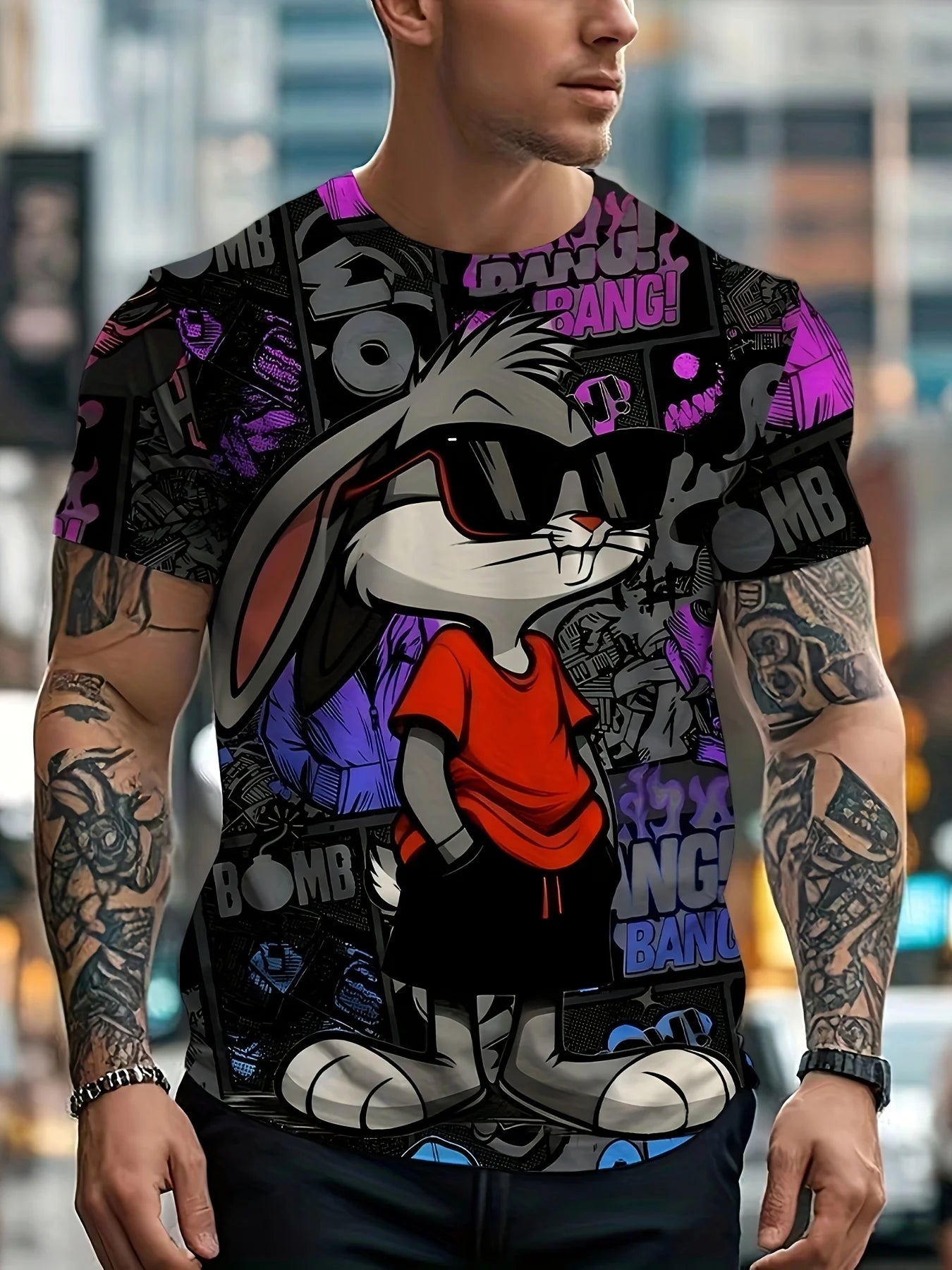 Men's 3D Rabbit Print T-Shirt Soft Stretch Polyester Fabric