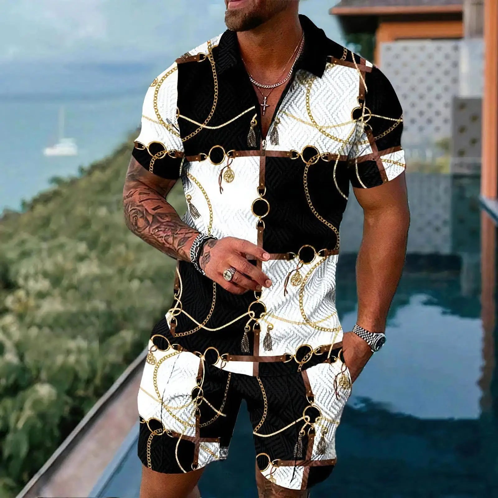Gold Luxury Pattern Men's Polo Shirts Set Ropa Hombre