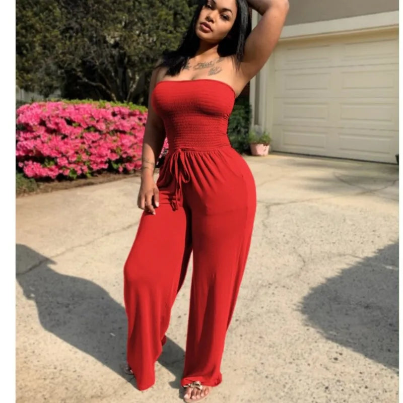 Strapless Straight Jumpsuits Lace Up Wide Leg