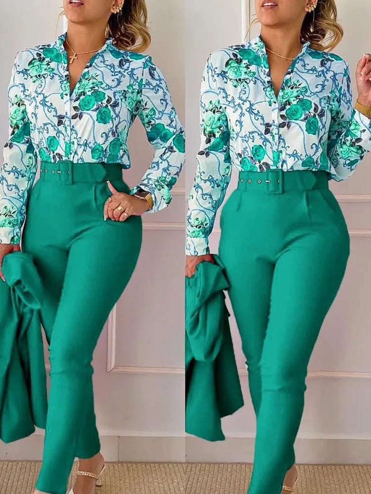 Women's Shirt 2 Pieces Suit Set Fall Print V Neck Long Sleeve Top Casual High Waist Pockets Work Female Clothes Pants Set