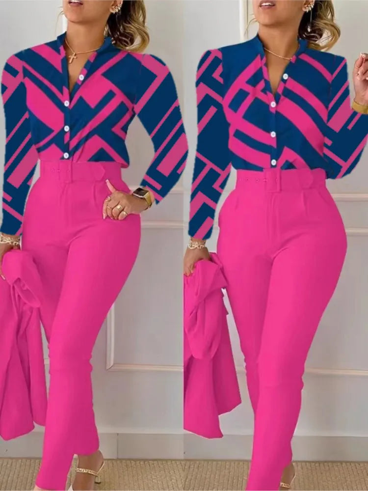 Women's Shirt 2 Pieces Suit Set Fall Print V Neck Long Sleeve Top Casual High Waist Pockets Work Female Clothes Pants Set