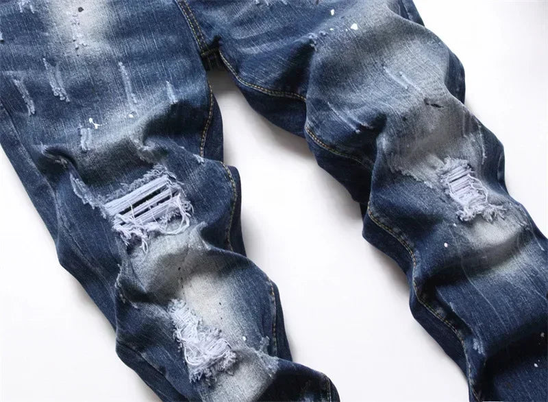 2025 Men Skinny Jeans Luxury Brand Light Blue Holes Long Trousers Quality Male Fashion Stretch Slim Pants Men's Ripped Jeans