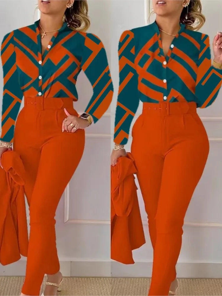Women's Shirt 2 Pieces Suit Set Fall Print V Neck Long Sleeve Top Casual High Waist Pockets Work Female Clothes Pants Set