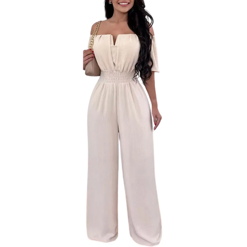 Lady Print High Waist Jumpsuit Sexy Off Shoulder Short Sleeve Wide Leg Pants