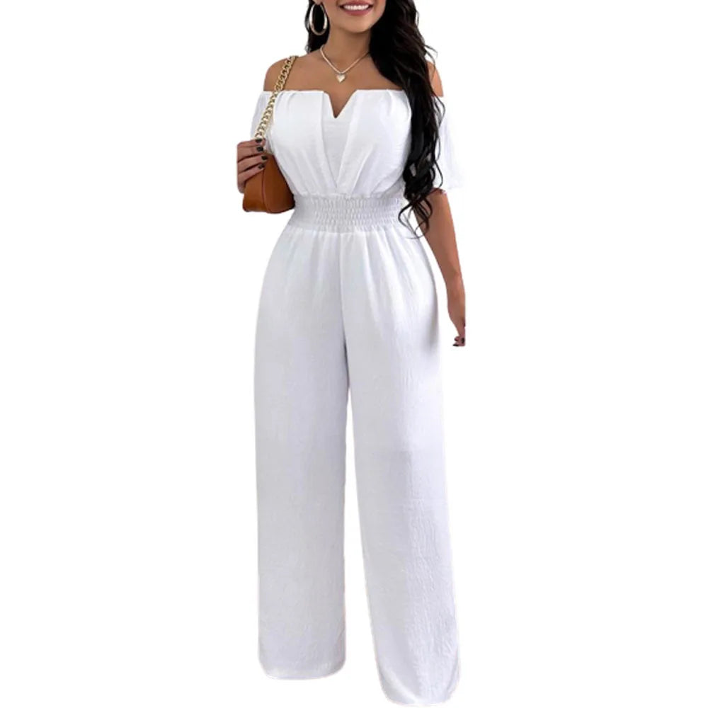 Lady Print High Waist Jumpsuit Sexy Off Shoulder Short Sleeve Wide Leg Pants