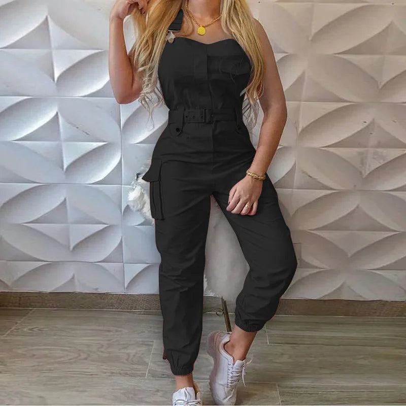 Autumn Women's Clothing Bodysuit Jumpsuit Simple Zipper Cargo High Waisted Conjoined Body Pants Sleeveless Strap Trousers