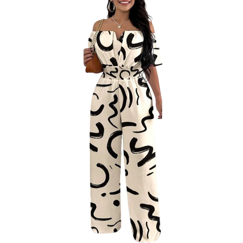 Lady Print High Waist Jumpsuit Sexy Off Shoulder Short Sleeve Wide Leg Pants