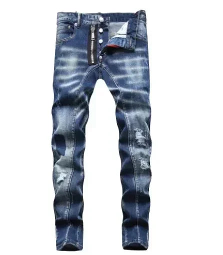 2025 Men Skinny Jeans Luxury Brand Light Blue Holes Long Trousers Quality Male Fashion Stretch Slim Pants Men's Ripped Jeans