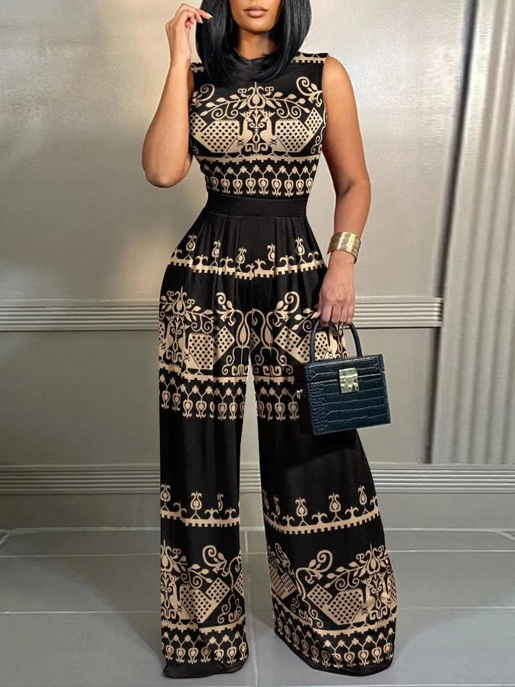 Women's Wide-leg Long Jumpsuit Spring And Summer Fashion Printed Sleeveless Casual Mid-waist Straight Jumpsuit Trousers