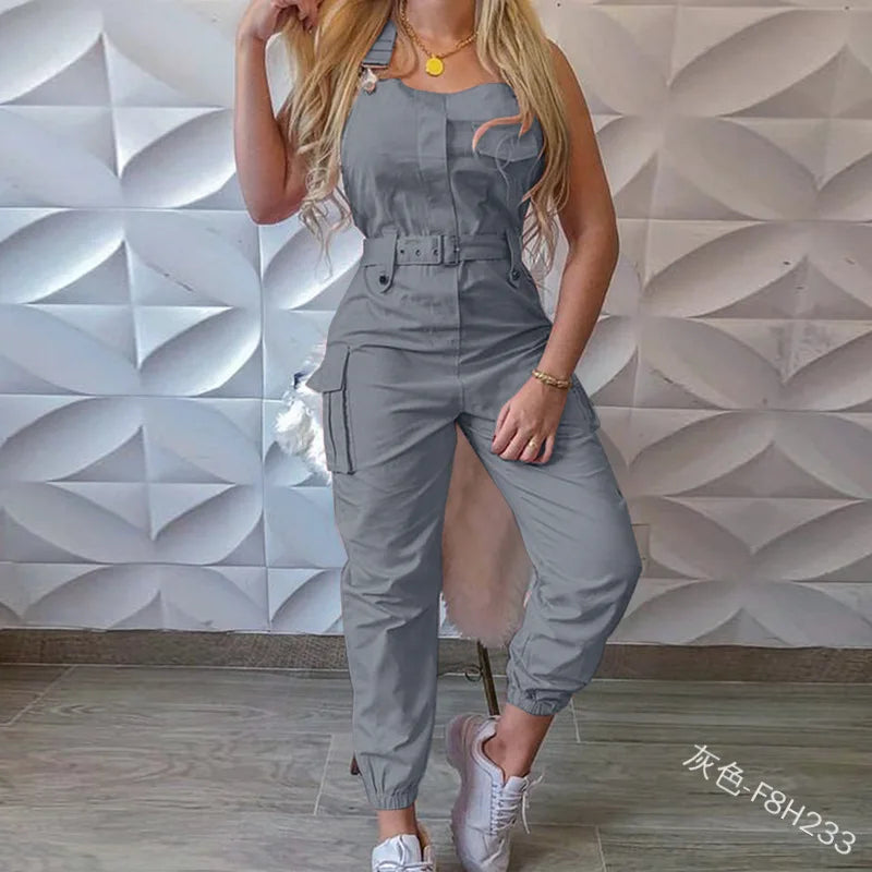 Autumn Women's Clothing Bodysuit Jumpsuit Simple Zipper Cargo High Waisted Conjoined Body Pants Sleeveless Strap Trousers