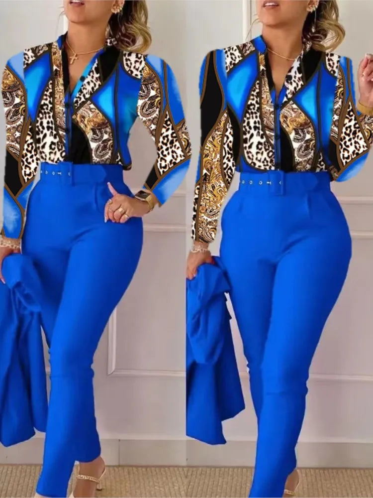 Women's Shirt 2 Pieces Suit Set Fall Print V Neck Long Sleeve Top Casual High Waist Pockets Work Female Clothes Pants Set