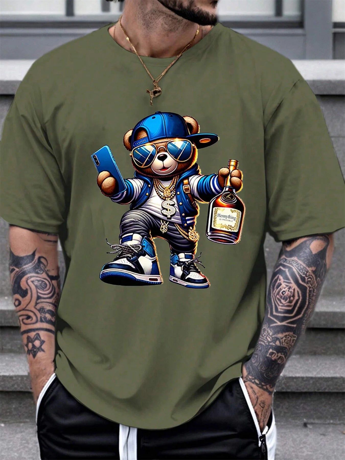 Men's Summer 100% Cotton Fashionable Casual Loose Large Size Cartoon Bear Printed Sports Round Neck Short Sleeve T-shirt Top