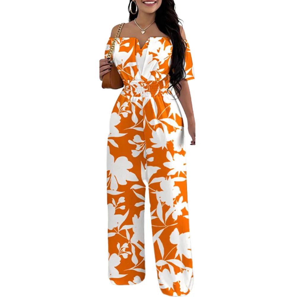 Lady Print High Waist Jumpsuit Sexy Off Shoulder Short Sleeve Wide Leg Pants