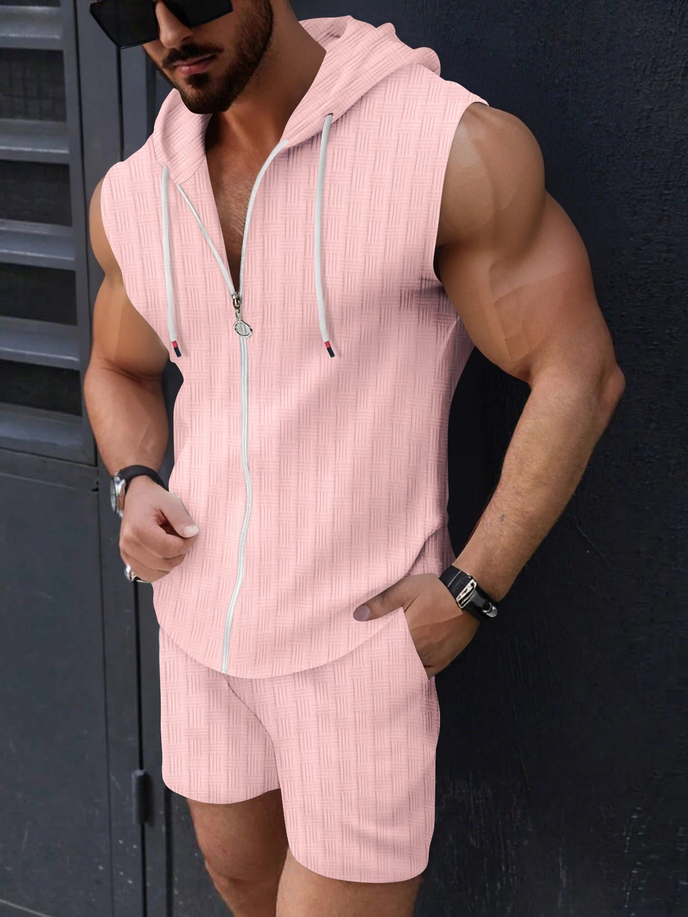 Sleeveless Hooded POLO Shirt Jacquard Shorts
