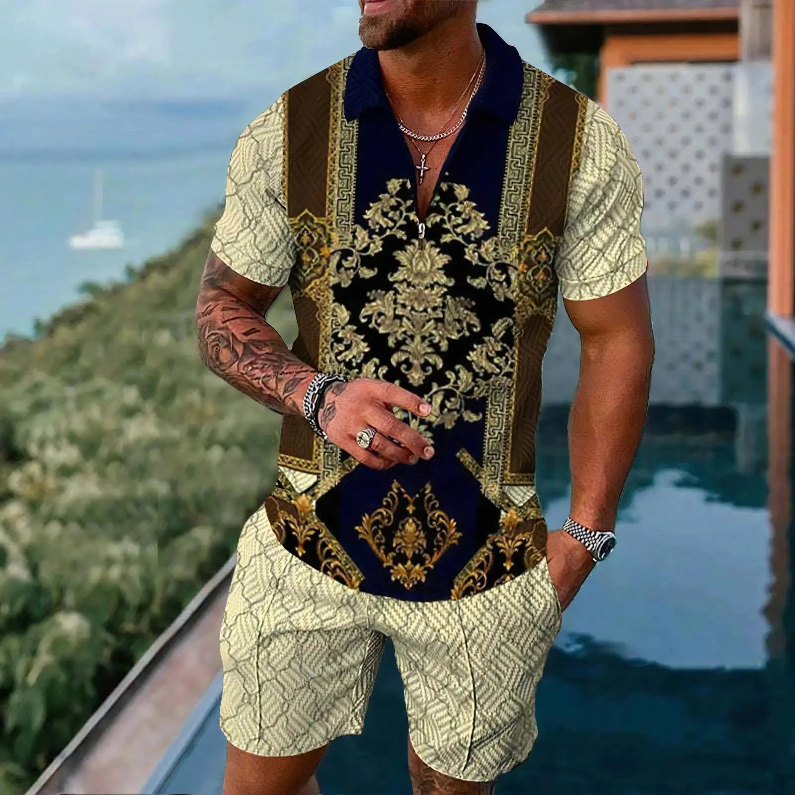 Gold Luxury Pattern Men's Polo Shirts Set Ropa Hombre