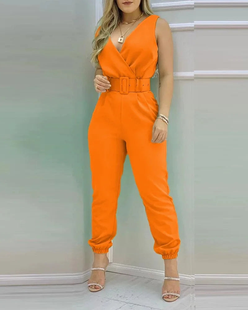 New Casual Women's Pants Women's V-neck Open Back Printed High Waist Jumpsuit Women (including Belt)