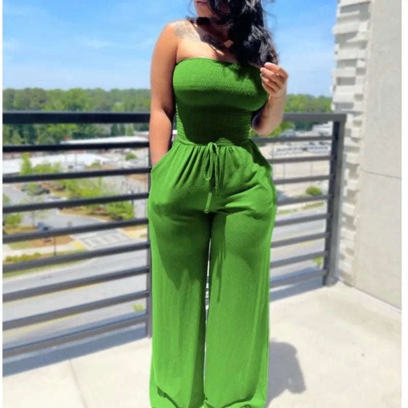 Strapless Straight Jumpsuits Lace Up Wide Leg