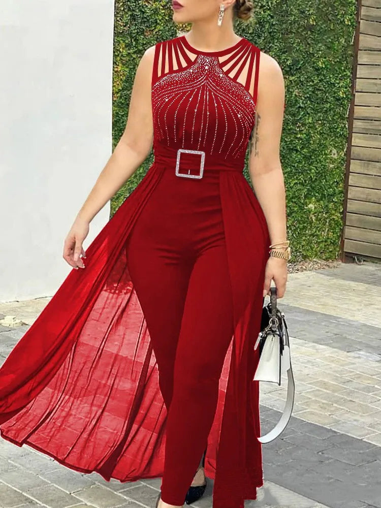 Sleeveless Lace Up Women's Elegant Long Jumpsuit Fashion Hot Drill Waist Mesh Mop Slim Fit