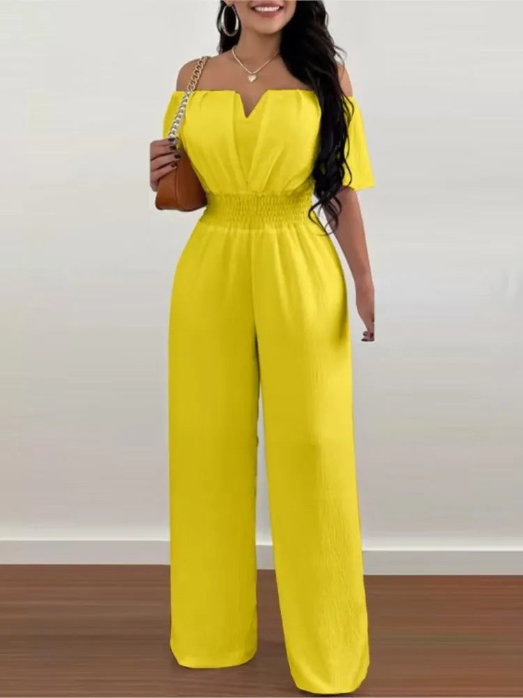 Lady Print High Waist Jumpsuit Sexy Off Shoulder Short Sleeve Wide Leg Pants
