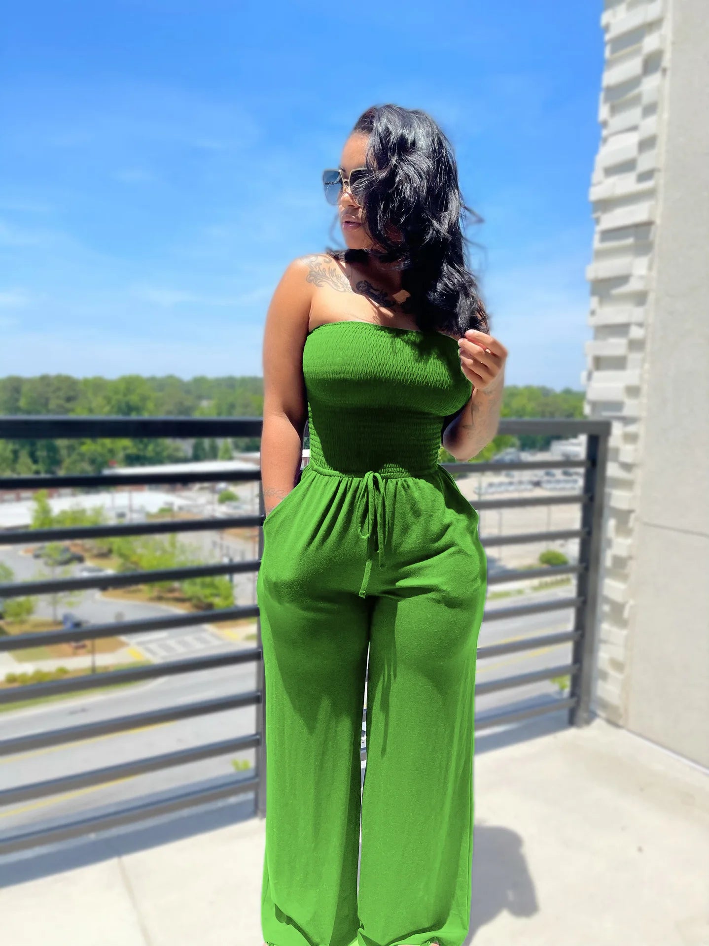 Strapless Straight Jumpsuits Lace Up Wide Leg