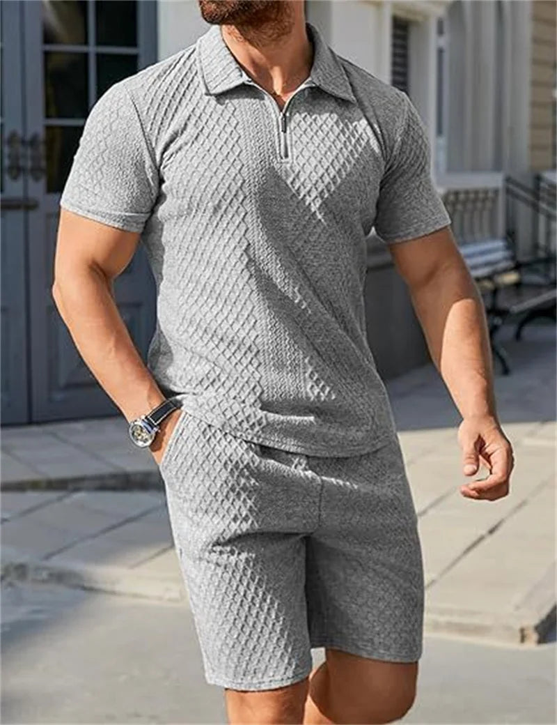 Jacquard Half Zip Short Sleeve Polo Shirt+Shorts 2 PCS Sets