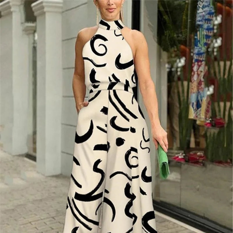 Women's Elegant Jumpsuits Wide Leg Long Pant Summer Sexy Sleeveless Jumpsuit Women Casual Print Macaque Feminine Clothes
