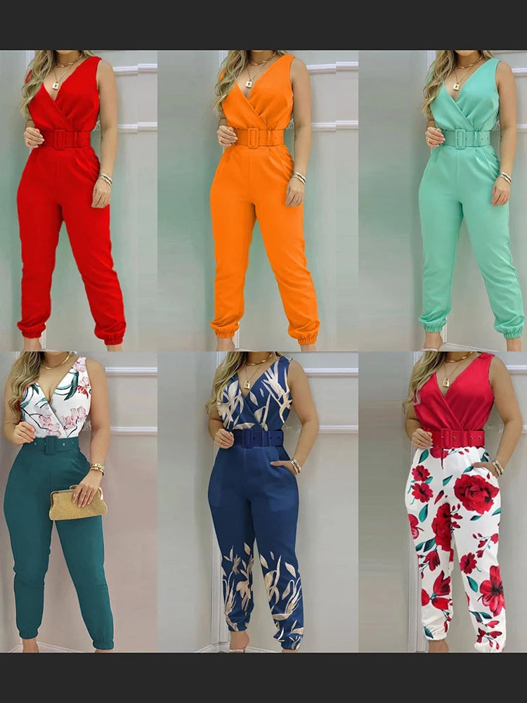 New Casual Women's Pants Women's V-neck Open Back Printed High Waist Jumpsuit Women (including Belt)